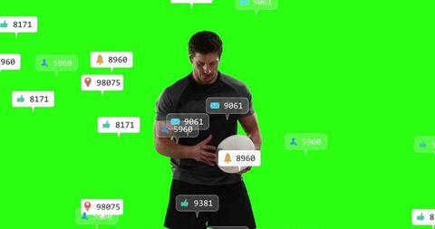 Athlete Interacting with Digital Notifications on Bright Background