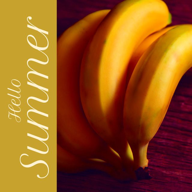 Vibrant bunch of ripe bananas with text 'Hello Summer' perfect for seasonal promotions, food blogs, tropical event invitations, and healthy lifestyle campaigns.