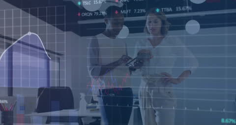 Colleagues Discussing Financial Analytics with Digital Overlay