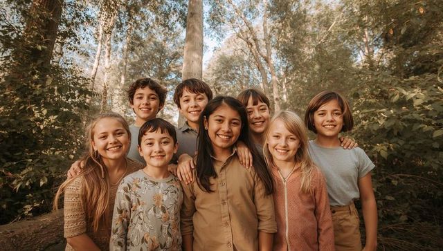 Smiling children posing in sunlit woodland, friendly group in cozy knit sweaters and jackets