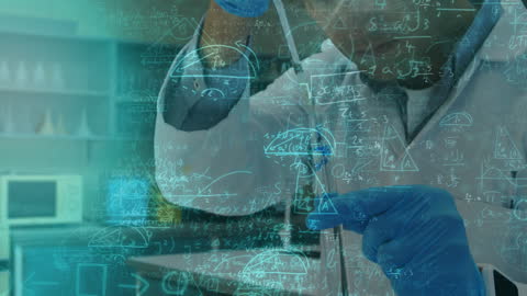 Scientist Wearing Lab Coat Observing in Laboratory with Mathematics Overlay