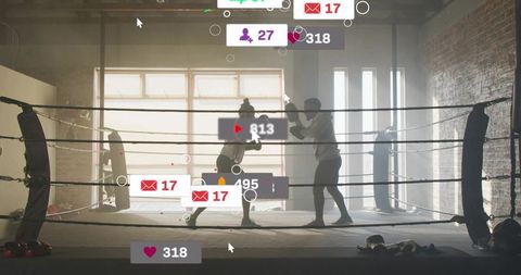 Backlit boxing sparring in industrial gym featuring social media overlays