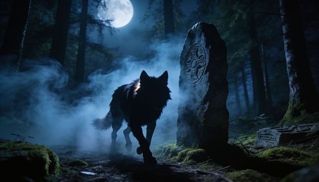 Moonlit wolf prowling misty ancient standing stone in eerie pine forest