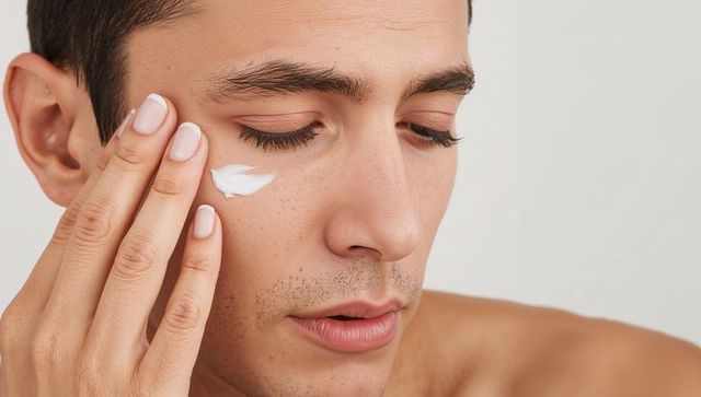 Young man applying facial moisturizer with manicured hand closeup skincare portrait minimal
