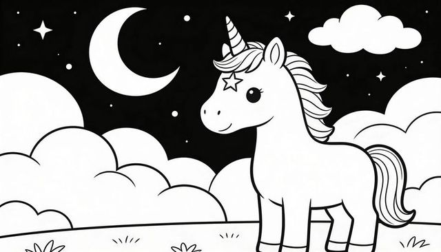 Standing unicorn under crescent moon on cloudy meadow with star mark and striped mane