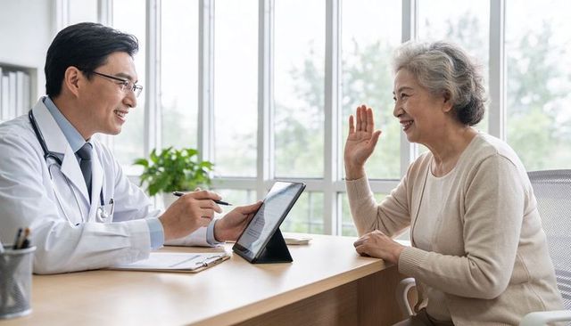 Physician consulting senior patient using tablet in bright clinic, warm patient conversation