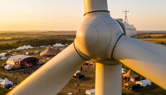 Gigantic wind turbine overlooking summer outdoor music festival at golden hour with crowds