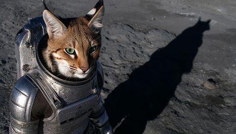 Tabby cat astronaut exploring moon surface in silver spacesuit casting long shadow
