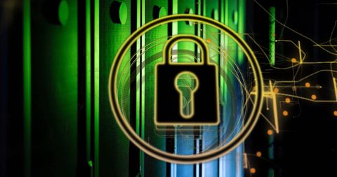 Cybersecurity concept with padlock overlaid on server room
