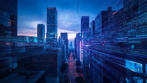 Digital Data Streams Through Futuristic City Skyline at Dusk