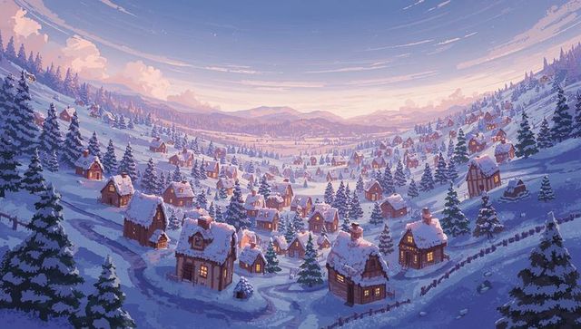 Cozy alpine village glowing at dusk with snow-covered cottages and winding lanes