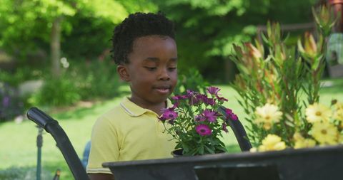 Young Boy Enjoying Gardening with Colorful Flowers