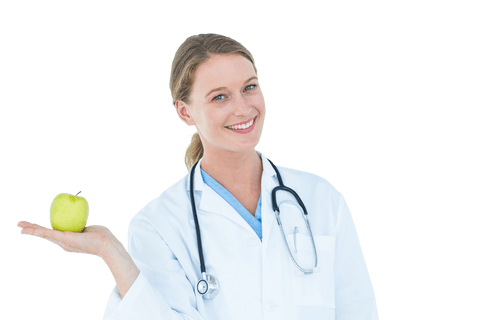 Transparent smiling doctor holding juicy apple promoting health