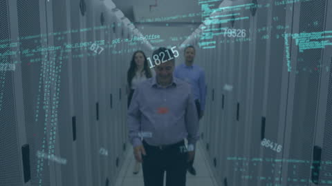 Business People Inspecting Server Room with Data Icons Overlay