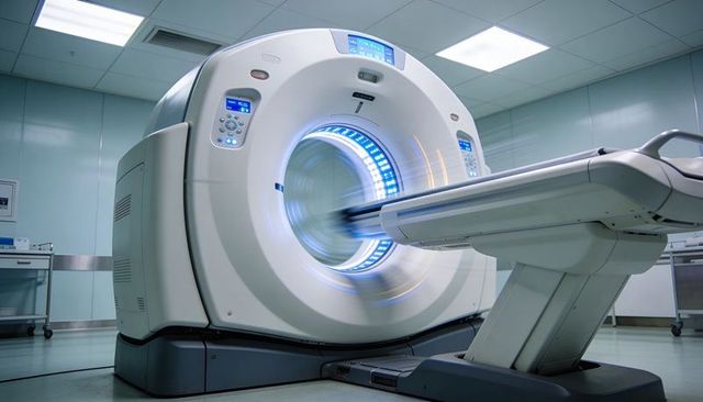 Ct scanner gantry rotating with motorized patient table and blue led rings in hospital