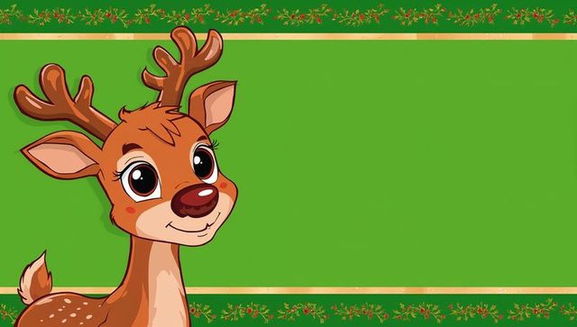 Smiling cartoon reindeer on green festive banner with holly borders and copy space