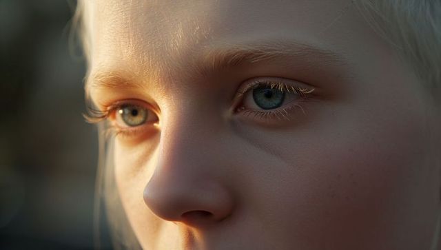 Sunlit closeup portrait fair-skinned female gazing at golden hour, revealing blue eyes