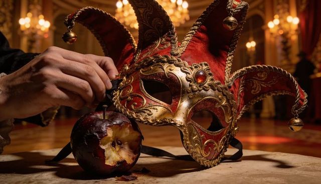 Adjusting hand tying ribbon on ornate venetian jester mask with bitten apple in ballroom