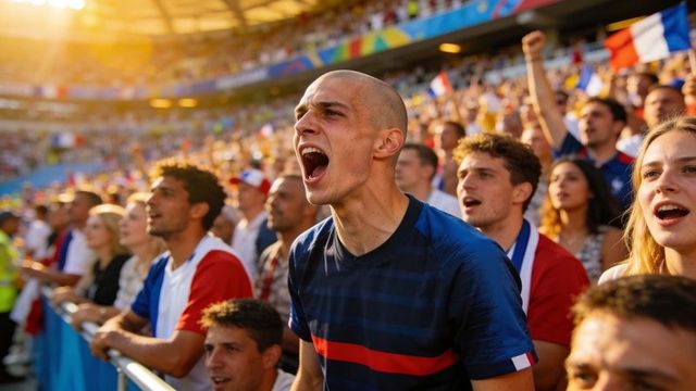 Passionate fans shouting and cheering in sunlit stadium during intense match day atmosphere