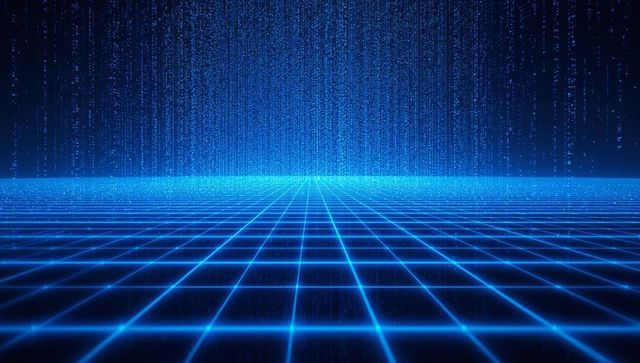 Glowing Neon-Blue Cyber Grid Converging Toward Vanishing Horizon with Falling Data Streams