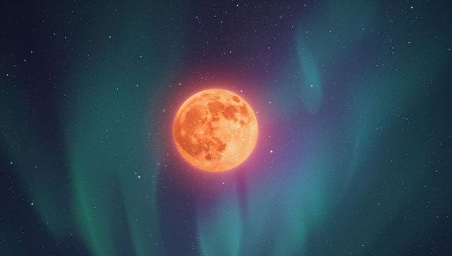 Mesmerizing glowing orange moon amidst starry aurora night sky