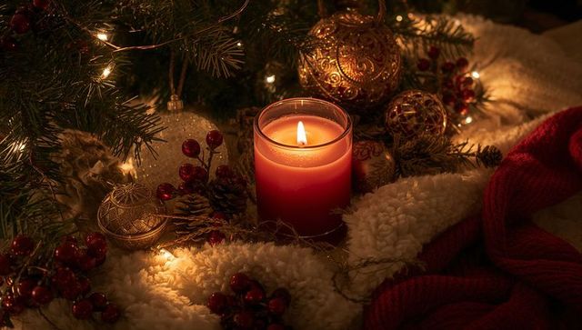 Warm red candle glowing among Christmas ornaments and evergreen sprigs on cozy knit blanket