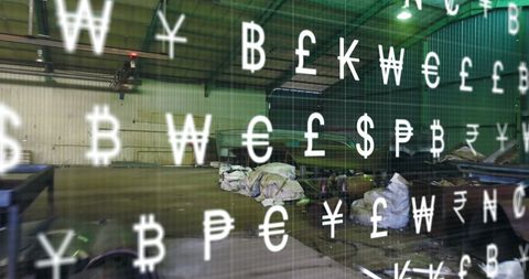 currency symbols overlay on scrap metal in warehouse - Download Free Stock Images Pikwizard.com