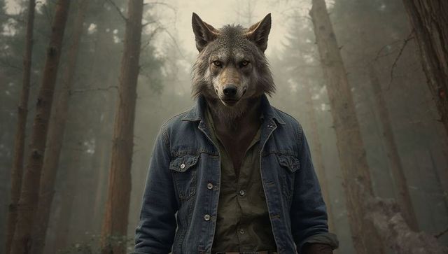 Anthropomorphic Wolf in Denim in Misty Forest