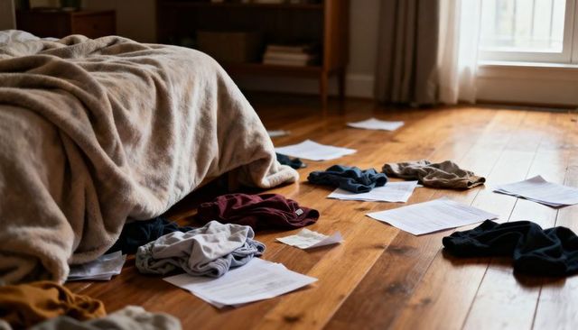 Sunlit bedroom showing scattered clothes and loose papers on hardwood floor, casual clutter