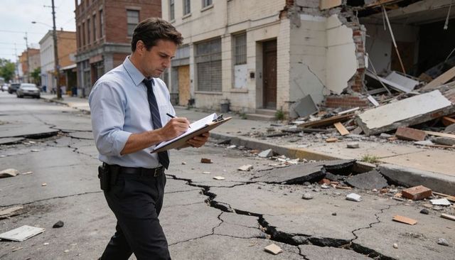 Urban inspector documenting structural damage on cracked pavement and collapsed facade