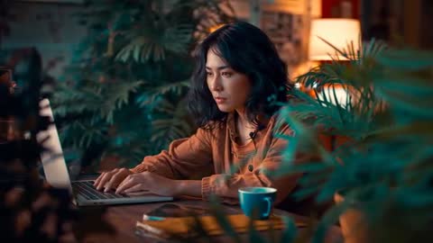 Focused Woman Typing on Laptop in Cozy Home Office