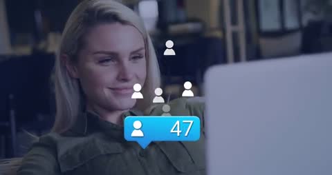 Woman Using Laptop with Social Media Follower Notifications