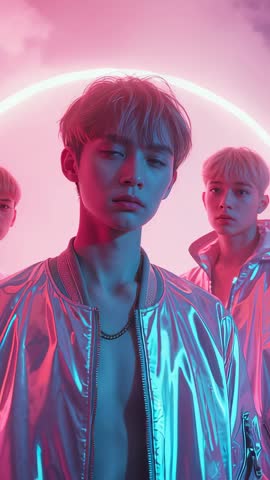 Vertical Neon Video Showing Trio Performing Under Pulsing LED Ring With Metallic Jackets