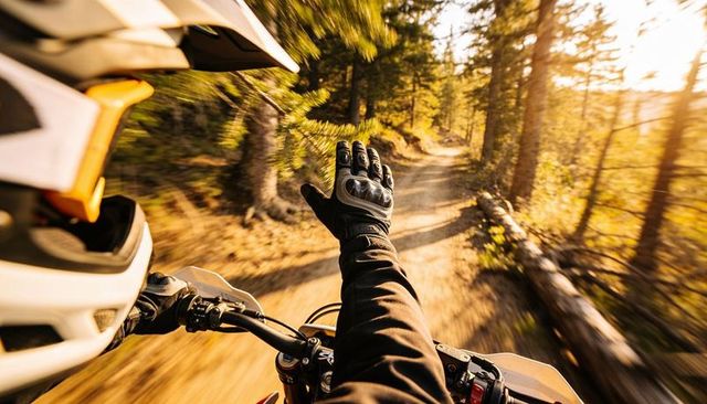 First-person off-road motorcycle riding on sunlit pine single-track trail at high speed