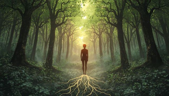 Standing silhouette connecting glowing roots on misty woodland path under sunlit canopy