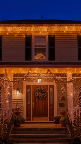 Vertical video showing glowing amber lights flickering on front porch at dusk framing wreath