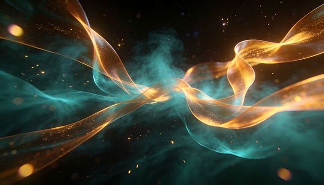 Luminous gold and teal ribbons weaving in 3d glow with glitter dust and cyan mist