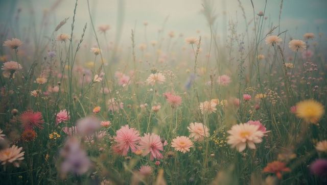 Pastel wildflowers blooming in tranquil meadow under hazy sky