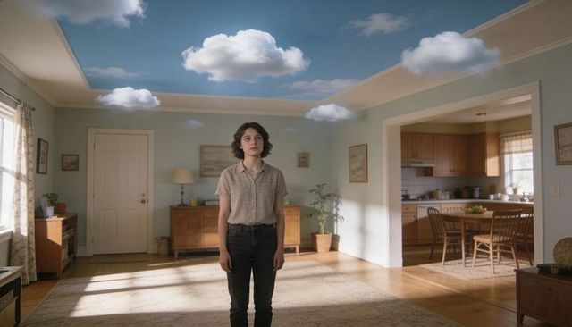Young woman standing under whimsical cloud ceiling in bright minimalist living room