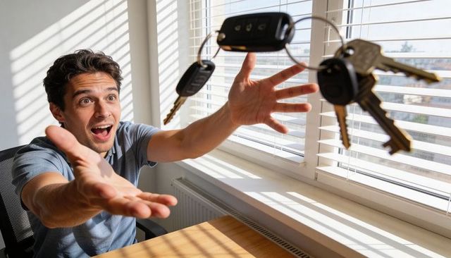 Young man reaching for airborne car keys in sunlit home office with excited expression