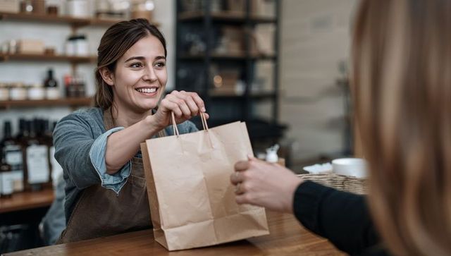 Smiling barista handing takeout bag at cozy boutique café counter