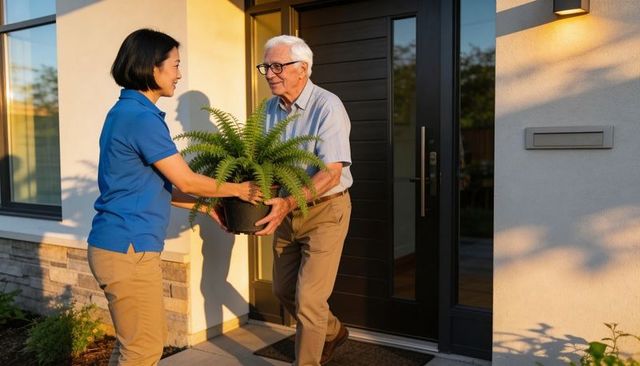 Caregiver handing potted fern to senior man at front door in golden sunlight