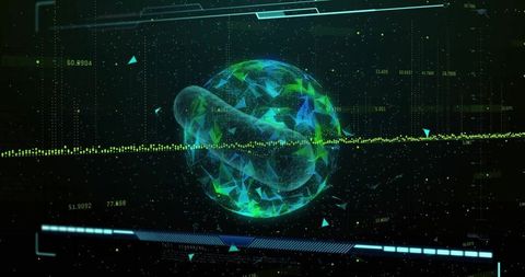 Holographic sphere with data interface in futuristic hud display