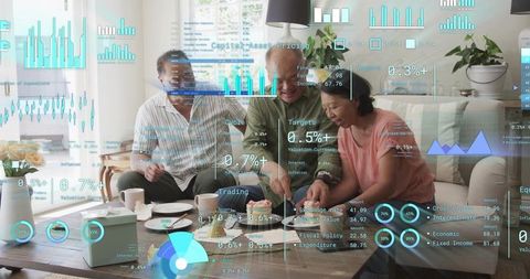 Multigenerational Family Cutting Cake on Sofa with Financial Data and Infographics Overlay