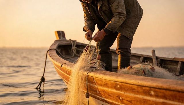 Fisherman mending net on weathered wooden boat at golden sunrise, rustic coastal lifestyle