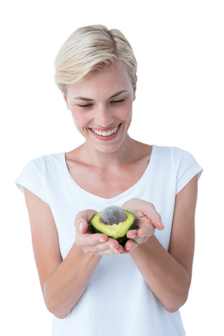 Smiling Woman Holding Fresh Avocado with Transparent Background