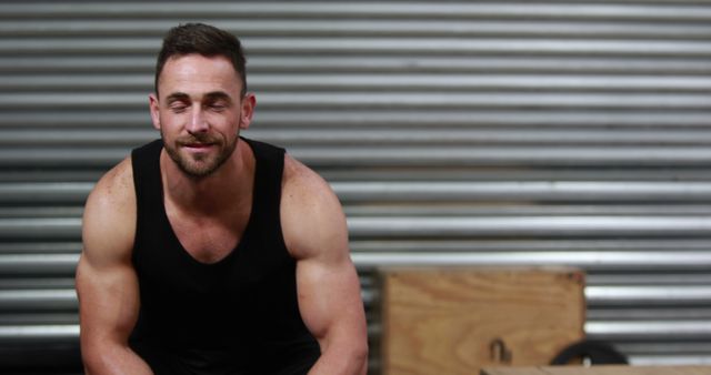 Muscular Man Relaxing in Gym Wearing Black Tank Top - Download Free Stock Images Pikwizard.com