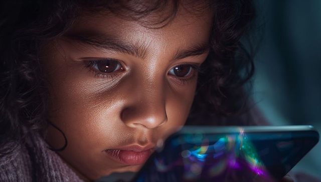 Child Engrossed in Smartphone Screen with Colorful Reflections