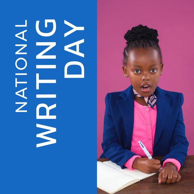 Young African American girl wearing a blazer, engaged in writing activities to celebrate National Writing Day. Perfect for promoting educational events, school programs, classroom activities, and childhood creativity.