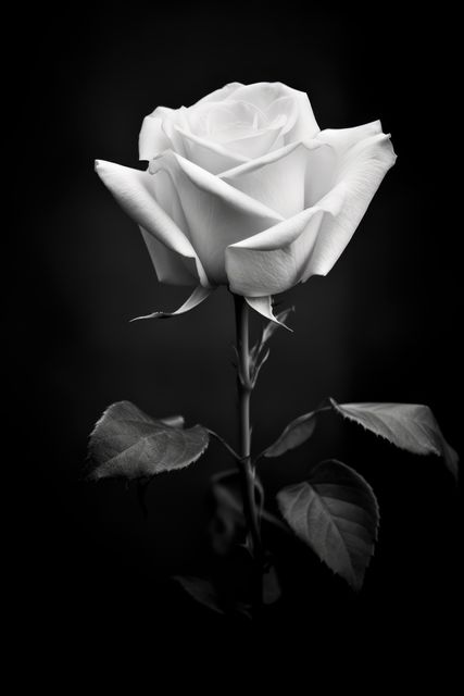 White rose in black and white on black background, created using generative ai technology. Flowers, pattern and nature concept digitally generated image.